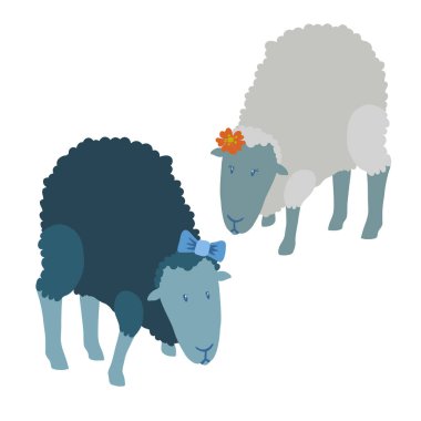 Saçlarına turuncu çiçek takan, mavi saçlı, kurdele takan, kıvırcık kürklü, koyu tenli, beyaz arka planda izole olmuş beyaz koyunların renkli vektör çizimi.