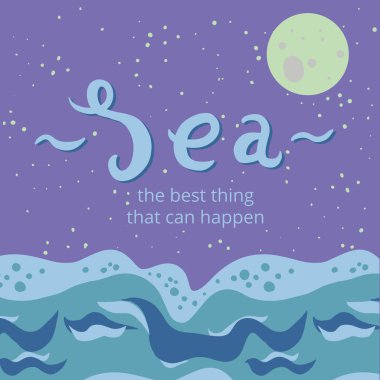Geceleri gökyüzünde ay ve yıldızlarla birlikte denizin vektör çizimi. Deniz kelimesinin el yazısı. Gizemli, rüya gibi, romantik bir ortam..