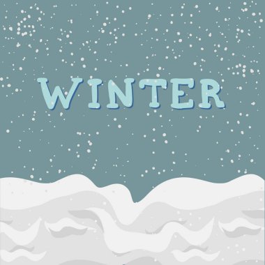 Harfli basit kış manzarası vektör arka planı. Kar yağıyor, kar yağışı. Mavi gökyüzü.