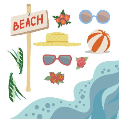 Tatil için renkli vektör elementleri seti. Deniz dalgaları, plajlı işaret direği, tropik çiçekler, güneş gözlüğü, hasır şapka, plaj topu. Beyaz arkaplanda izole.