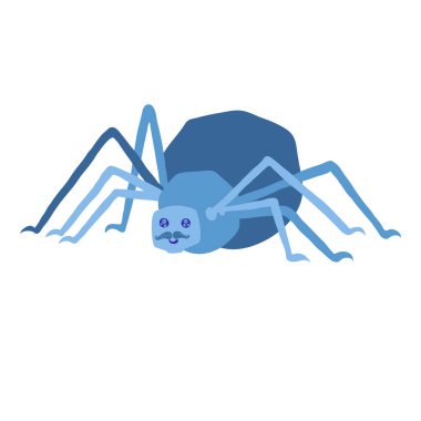 Sevimli, komik, komik, mavi, bıyıklı, gülümseyen, sekiz bacaklı, yuvarlak gözlü, beyaz arkaplanda izole edilmiş, komik bir erkek örümceğin çizimi.