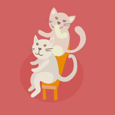 Turuncu ahşap bankta oturan iki bej renkli sevimli kedinin renkli vektör düz çizimi. Gölgeli kırmızı arka plan. Sevgililer Günü konsepti.