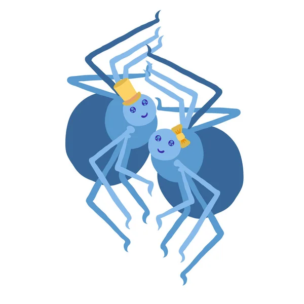 Красочная Векторная Иллюстрация Пары Милых Жирных Синих Пауков Одетых Желтую — стоковый вектор