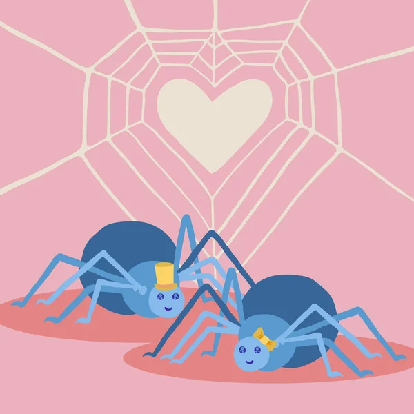 Κάρτα Ημέρα Του Αγίου Βαλεντίνου Ζευγάρι Χαριτωμένα Λίπος Μπλε Αράχνες — Διανυσματικό Αρχείο