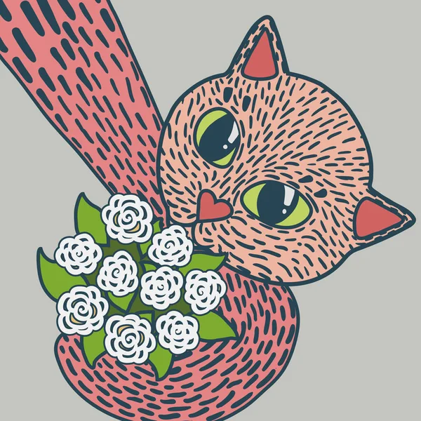 Vector Pop Art Kreskówki Selfie Cute Zabawny Różowy Kot Żółto — Wektor stockowy