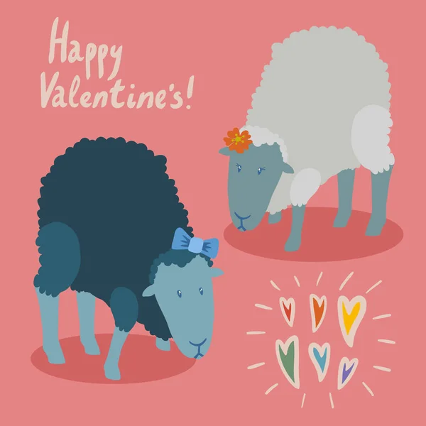 Valentinstagskarte Mit Lesbischem Paar Weißer Schafe Mit Orangefarbener Blume Haar — Stockvektor