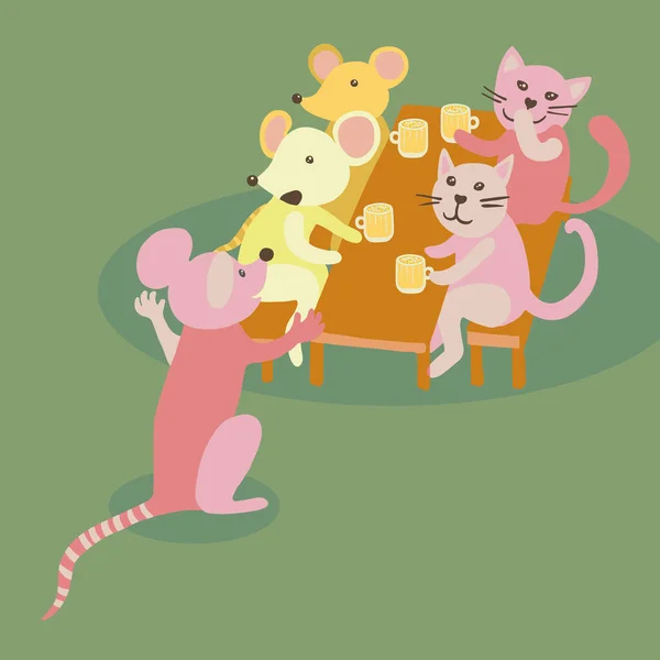 2匹の猫と2匹のマウスの会社のカラフルなベクトルフラットイラストがテーブルに座って 飲んでいます 別のマウス立って 話すか 何かを示す パブパーティーゲームのコンセプト 白い背景に隔離されている 影のある緑の背景 — ストックベクタ