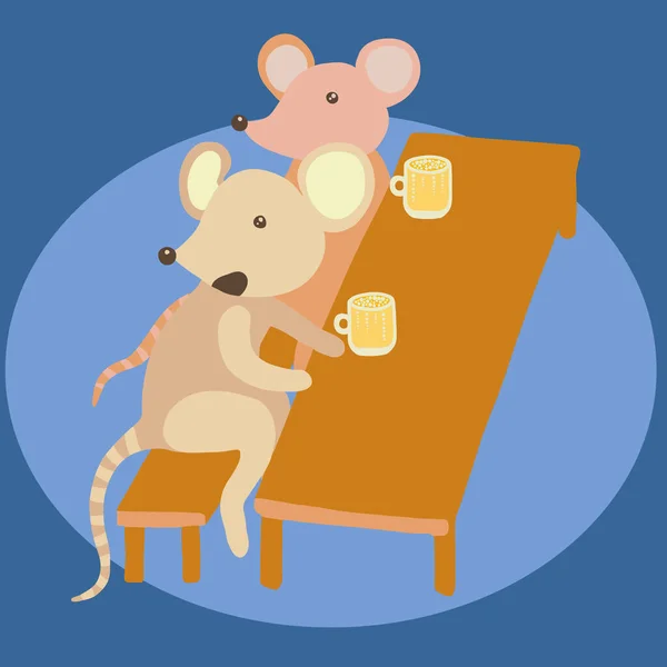 Bunte Vektorflache Illustration Der Gesellschaft Zweier Mäuse Die Tisch Sitzen — Stockvektor