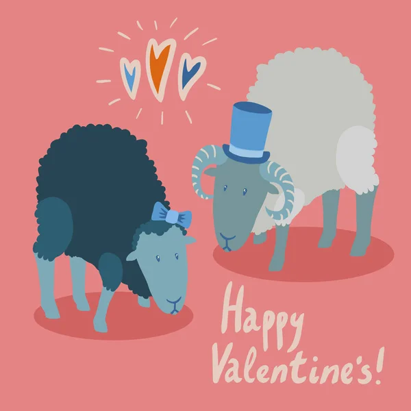 Cartão Dia Dos Namorados Com Casal Ovelhas Negras Vestindo Fita — Vetor de Stock