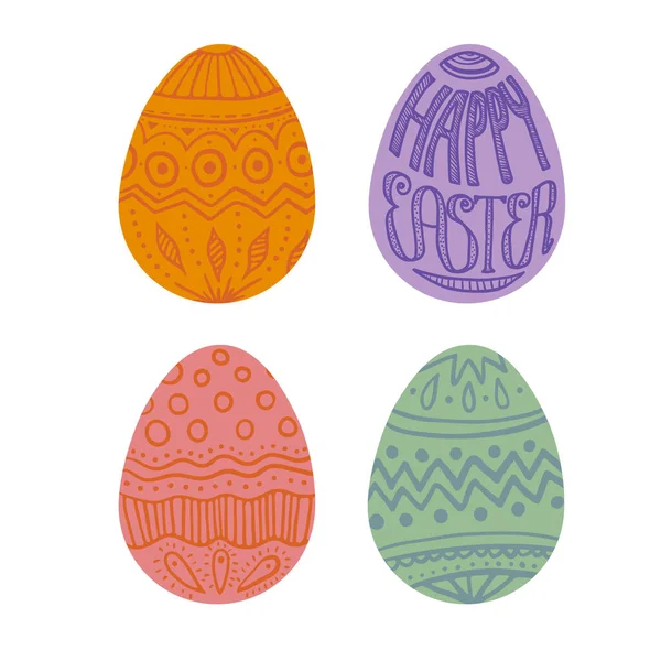 Set Bestehend Aus Vier Bunten Ostereiern Mit Dekoration Und Handgezeichneten — Stockvektor