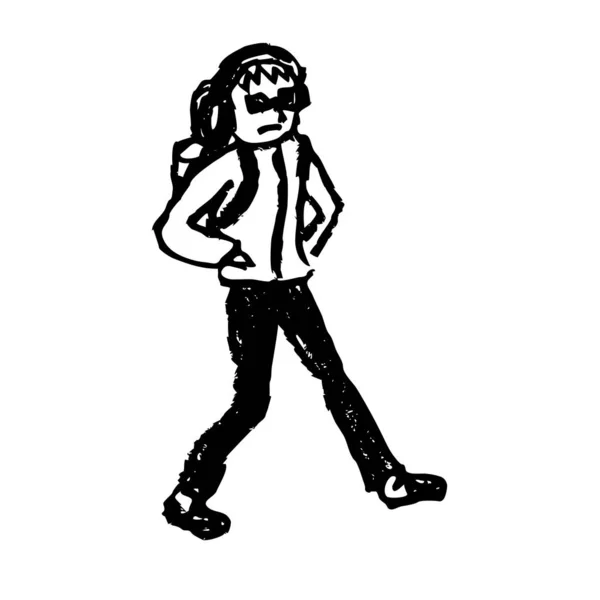 Vector Doodle Sketch Schoolboy Wearing Glasses Headphones Backpack Urban Environment — Stock Vector