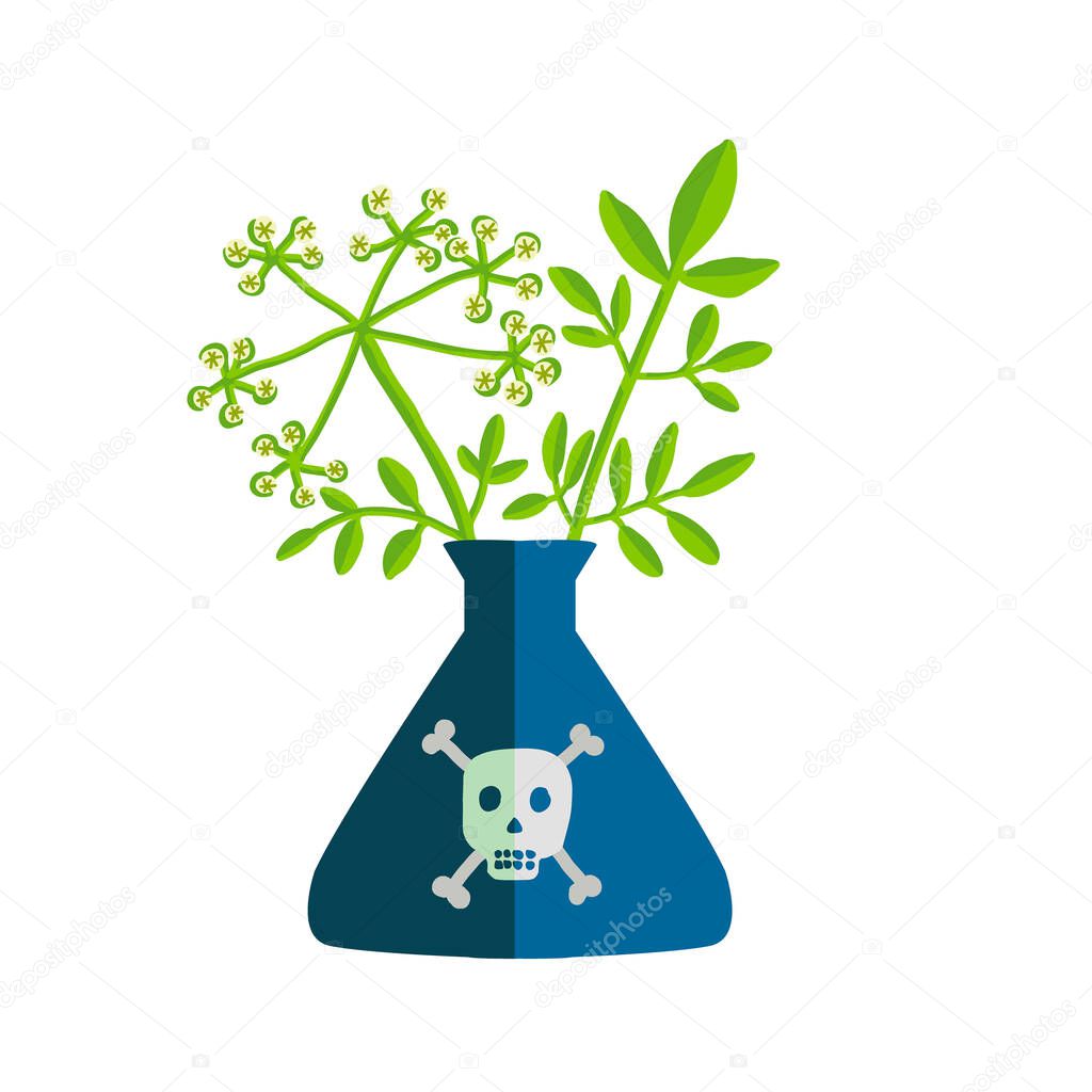 Colourful vector illustration of a poisonous plant in a vase with poison label on it, isolated on white background