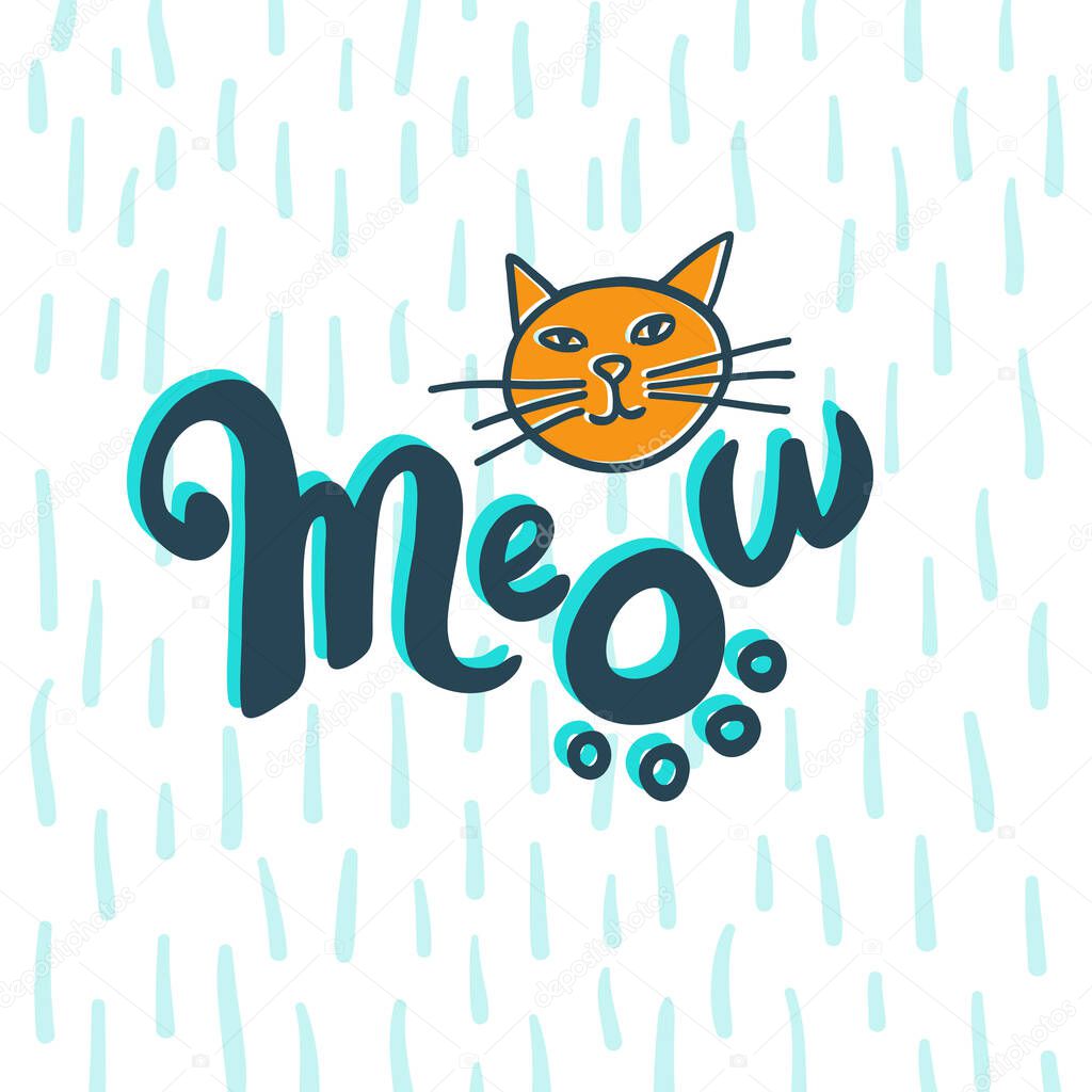 Cat Meow logo with paw print and cat face design elements for pet brand, shop or blog. Hand-drawn brush lettering, simple fur pattern background. Offset color.