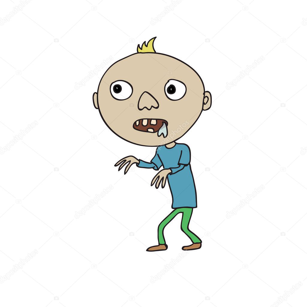 Colorful doodle drawing of toddler character walking with arms raised like zombie, drooling. Disproportional body. Illness, rickets, vitamin deficiency concept. Isolated on white background.