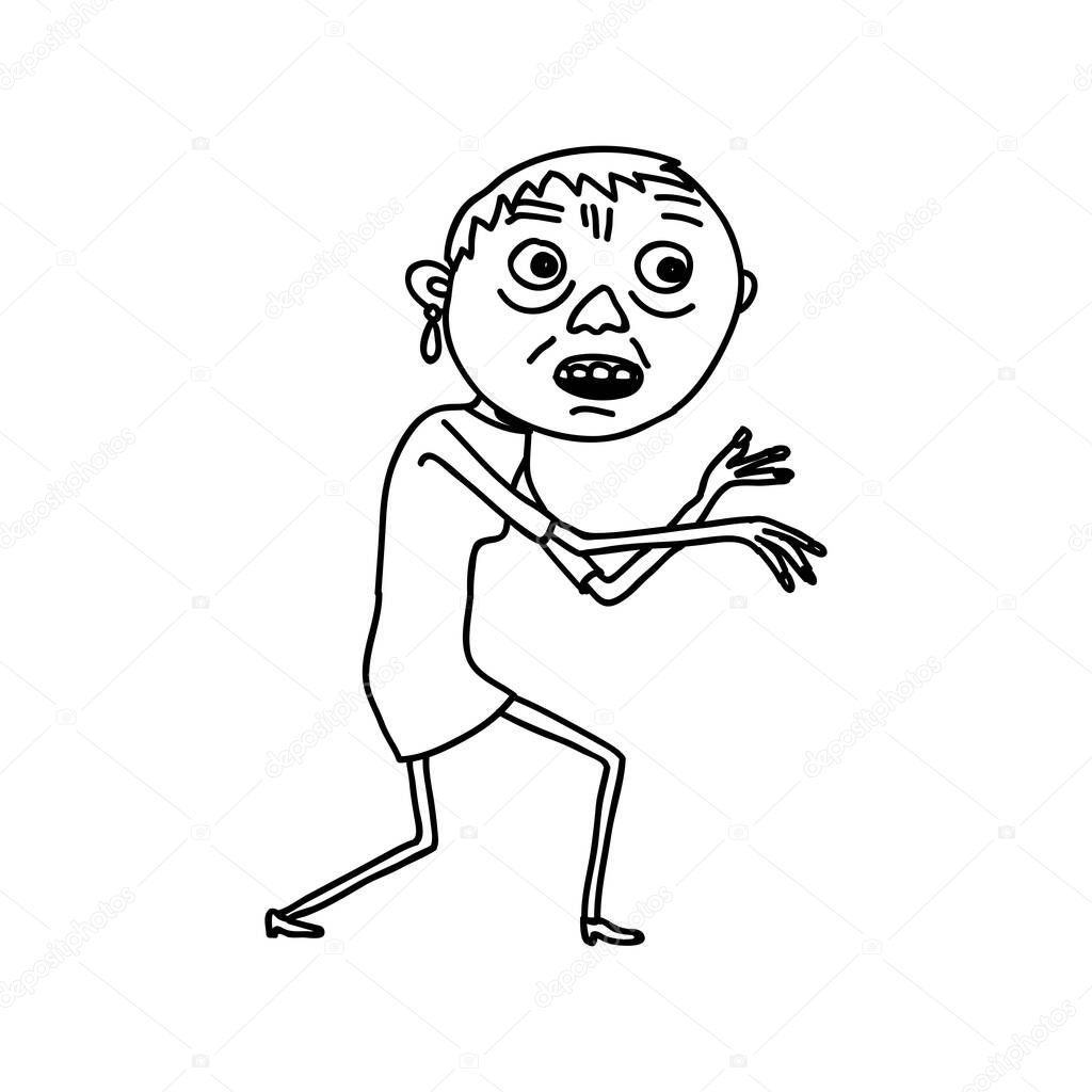 Black and white doodle drawing of senior woman character with wrinkled face walking with arms raised like zombie. Illness, vitamin deficiency concept. Isolated on white background.