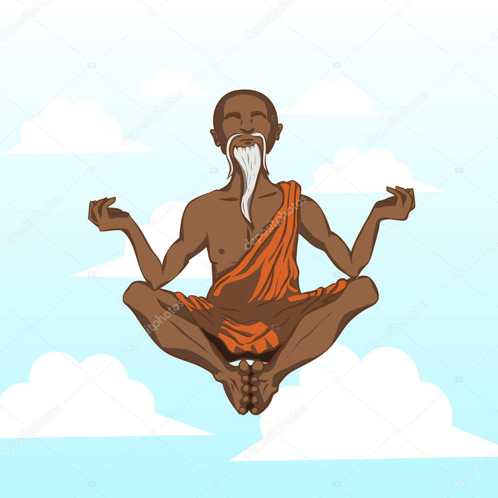 Colorful vector illustration of cartoon elderly dark skinned monk with white beard, wearing orange robes, meditating, floating among clouds in blue sky.