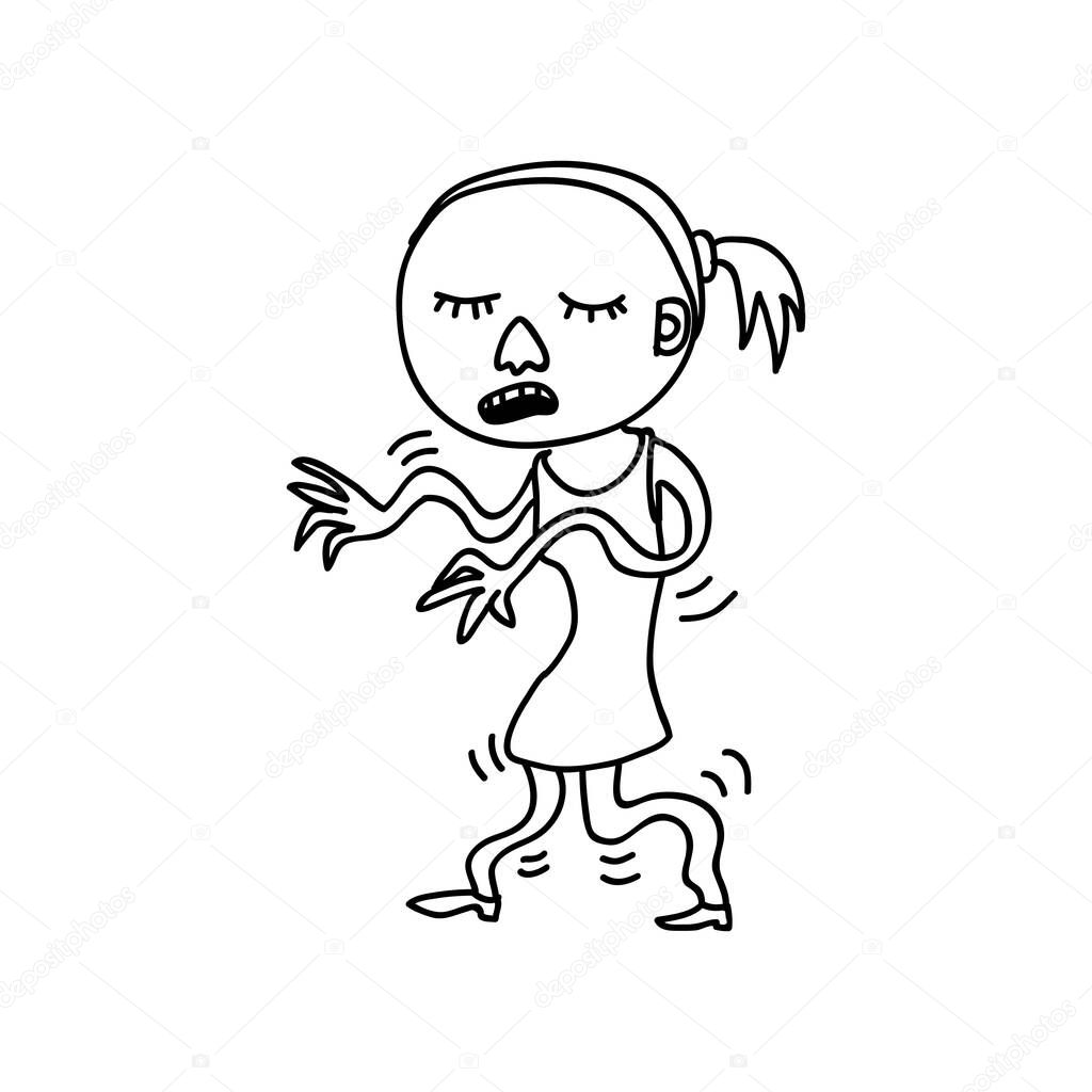 Black and white doodle drawing of female character walking with arms raised like zombie. Shaky arms and legs. Illness, restless leg syndrome, vitamin deficiency concept. Isolated on white background.