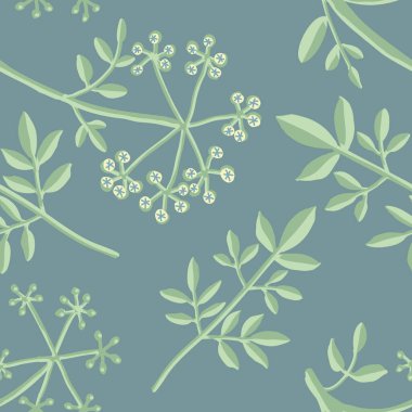 Deniz mavisi arkaplanında su baldıranı otuyla kusursuz çiçek vektör deseni