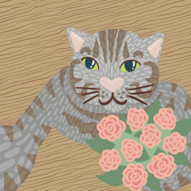 Yeşil gözlü sevimli tekir kedinin bir buket pembe gül taşıyan vektör selfie 'si. Açık kahverengi ahşap zemin. Üst görünüm.