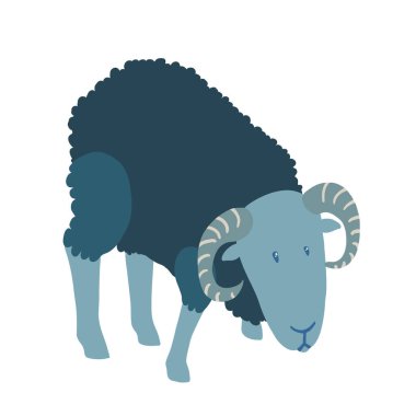 Kıvırcık kürklü, koyu tenli, siyah boynuzlu, beyaz arka planda izole siyah koç çizimi.