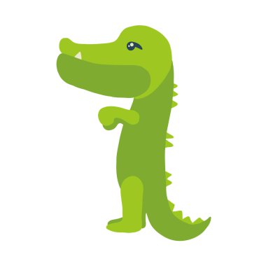 Dişi gözüken sevimli, yeşil timsahın renkli çizimi. Arka pençeleri üzerinde, kolları açık durarak. Profil. Beyaz arkaplanda izole.