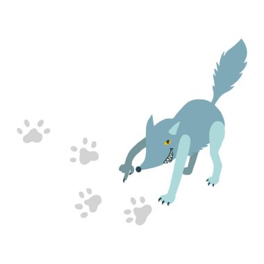 Şirin, oynak, yaramaz, açık mavi kurt sırıtışının renkli düz vektör çizimi, hayvan ayak izlerini işaret ediyor. İzleme, avlanma konsepti. Beyaz arkaplanda izole.