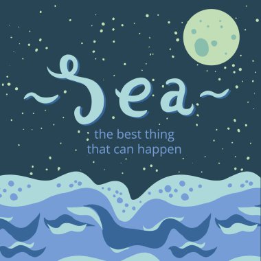 Geceleri gökyüzünde ay ve yıldızlarla birlikte denizin vektör çizimi. Deniz kelimesinin el yazısı. Gizemli, rüya gibi, romantik bir ortam..