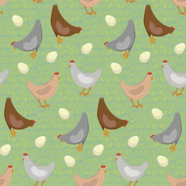 Gri, bronz, kahverengi, açık gri tavuklu ve yeşil çimenli beyaz yumurtalı kusursuz desen. Ambalaj tasarımı, vitrinler, ambalaj kağıtları, tekstil için elverişli.