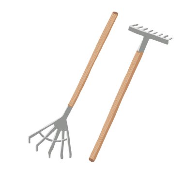 Yaprak ve toprak için detaylı metalik bahçe tırmığı desenli ahşap saplı renkli vektör çizimi. Beyaz arkaplanda izole.