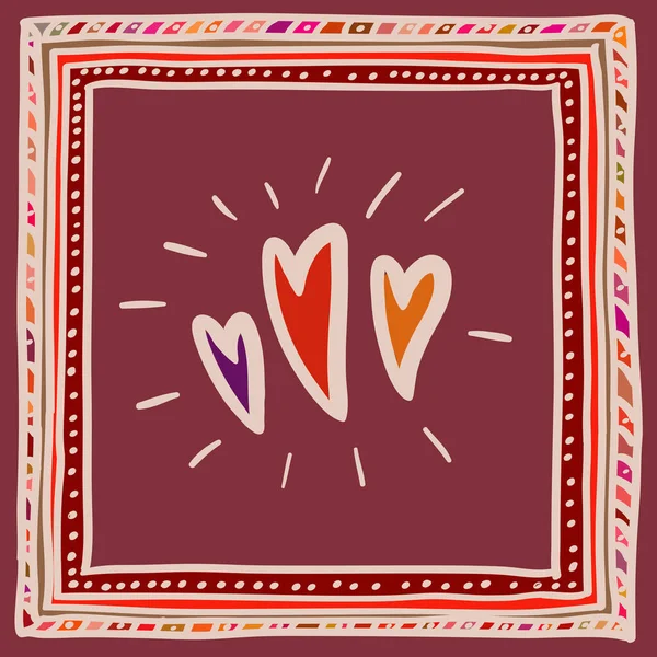 Handgezeichnetes Doodle Vektorgestell Mit Bunten Herzen Valentinstag Karte Roter Hintergrund — Stockvektor