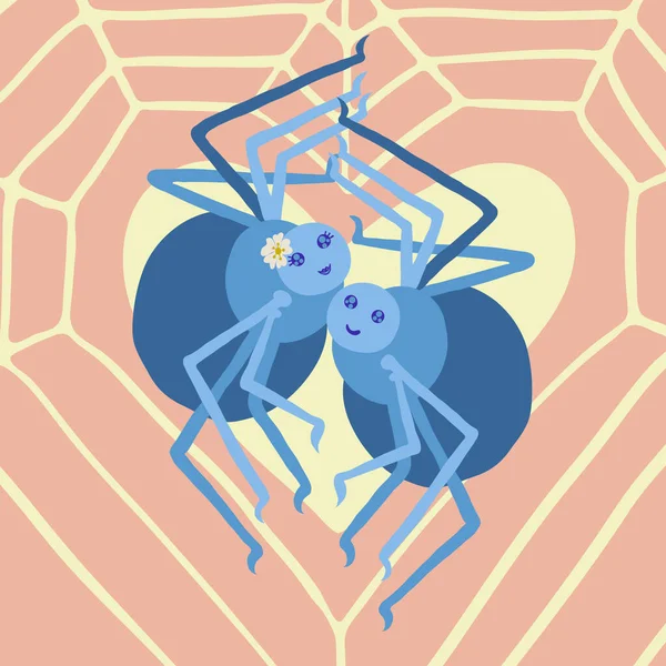 Κάρτα Του Αγίου Βαλεντίνου Ζευγάρι Χαριτωμένο Λίπος Μπλε Αράχνες Θηλυκό — Διανυσματικό Αρχείο