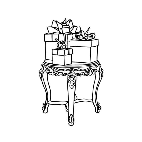 白い背景に隔離された小さなアンティークの木製のテーブルの上に3つの装飾されたギフトボックスの山のベクトル手描きアウトラインドア 誕生日またはクリスマスカードのデザイン要素 — ストックベクタ