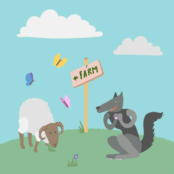 Vector Illustratie Van Een Witte Ram Eten Gras Zwarte Wolf — Stockvector