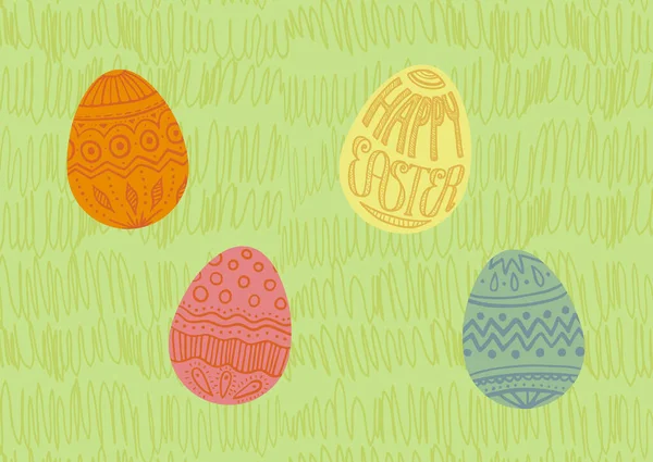 Frohe Ostern Vier Verzierte Eier Auf Grünem Frühlingsgras Hintergrund Rot — Stockvektor