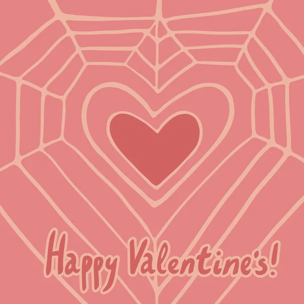 Quadratische Karte Zum Valentinstag Rotes Kritzelherz Beigem Spinnennetz Schrift Rot — Stockvektor