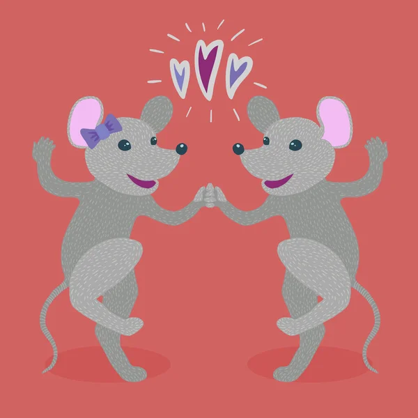 愛のダンスで幸せな陽気なかわいい擬人化された灰色のマウスのカップルのカラフルなベクトルイラスト 紫色のリボンの弓を髪に身に着けて 彼らの上に心 影のある赤い背景 — ストックベクタ