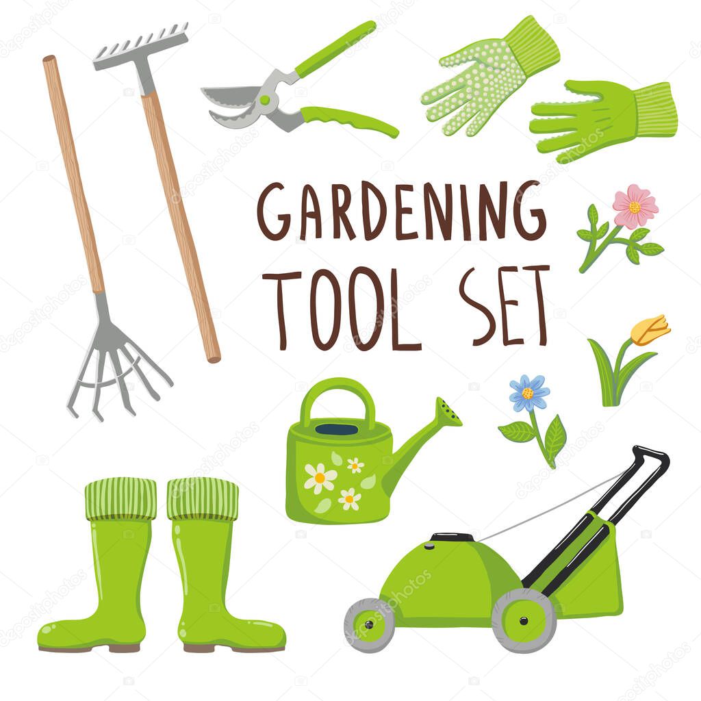 Gardening tool set. Collection of brightly colored illustrations of equipment and protective gear. Isolated on white background. Rakes, lawn mower, pruners, watering can, rubber boots, gloves, flowers
