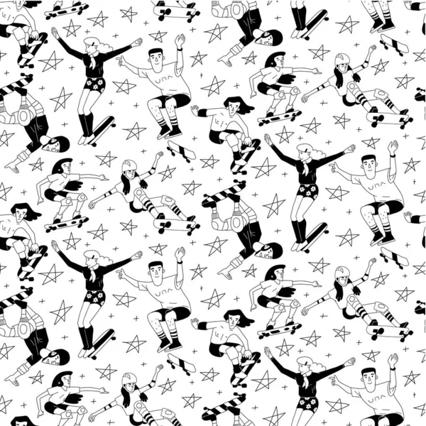 Black and white skateboarding seamless pattern. Diverse group of people on skateboards, male and female skaters. Branding for skating website, shop, competition. — Stock Vector