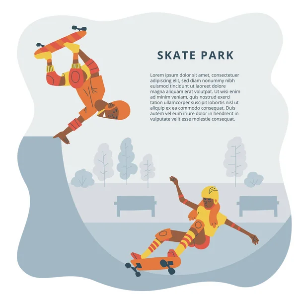 Skateboarding colorful illustration of skater teens jumping on ramp. Skate park, shop, school advertising template with space for text. — Stock Vector