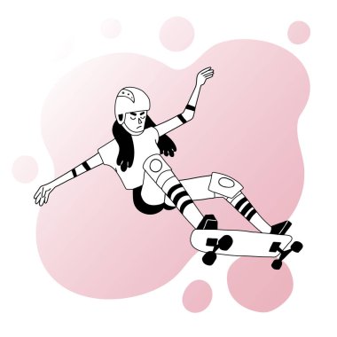 Kaykay yapan genç kız. Kadın patencinin klasik siyah beyaz çizgi film çizimi. Kırmızı renk damlası arkaplanı.