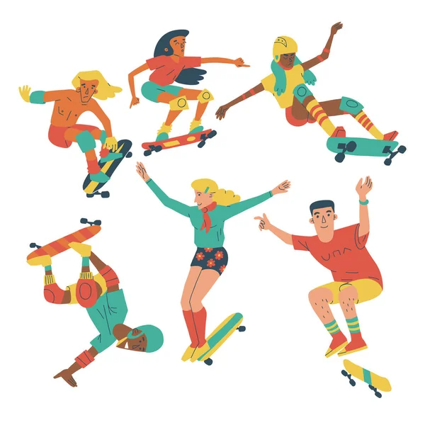Έφηβοι κάνουν σκέιτμπορντ. Συλλογή πολύχρωμων εικονογραφήσεων των ανδρών και γυναικών ποικίλων skaters. Απομονωμένα σε λευκό φόντο. — Διανυσματικό Αρχείο