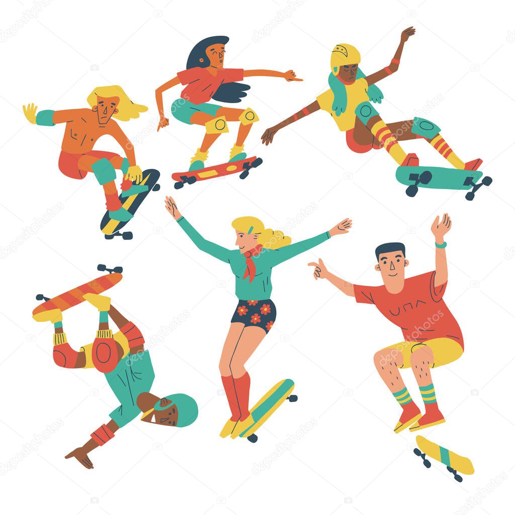 Teenagers skateboarding set. Collection of colorful illustrations of male and female diverse skaters. Isolated on white background.