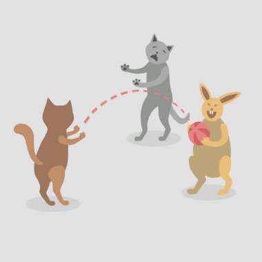 Colorful vector illustration of two cats and a fat yellow rabbit playing beach ball on light grey background. Brown kitty is throwing. Gray tomcat is sad and does not catch. Beige bunny is victorious and spiteful. clipart