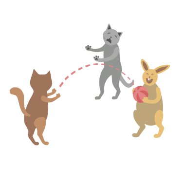 Plaj topu oynayan iki kedi ve sarı şişko bir tavşanın renkli çizimi. Beyaz arka planda izole edilmiş. Kahverengi kedicik atıyor. Gri erkek kedi üzgün ve yakalayamıyor. Bej tavşancık muzaffer ve kindar.