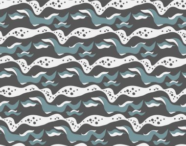Denizin pürüzsüz deseni. Kabarcıklı ve köpüklü, deniz mavisi ve koyu gri dalgalar. Vektör arkaplanı. Deniz temalı duvar kağıdı, ambalaj kağıdı, tekrarlanan elementler.