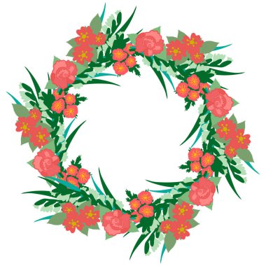 Beyaz arka planda yeşil yapraklı kırmızı ve beyaz tropikal çiçeklerden oluşan vektör yuvarlak çerçeve