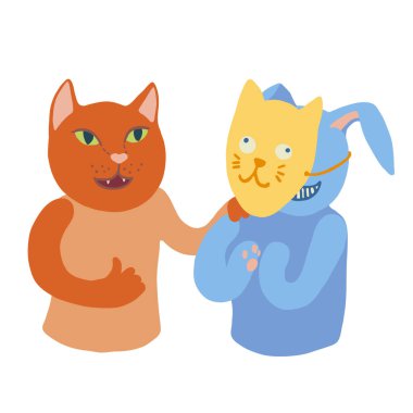 Yeşil gözlü kırmızı gülümseyen kedinin renkli vektör çizimi başparmak işareti yapıyor ve sarı kedi maskesi takmış mavi tavşanı okşuyor. Kimlik hırsızlığı kavramı.