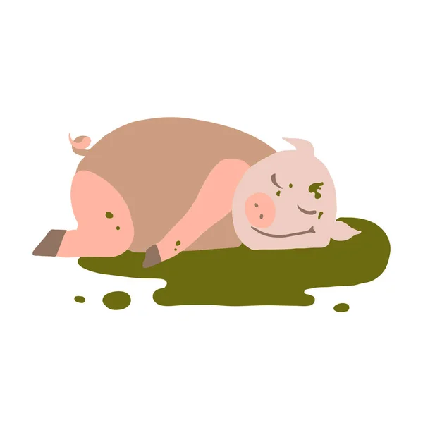 Vector Cartoon Illustration Fat Careless Pink Pig Lying Muddy Dirt — Stock Vector