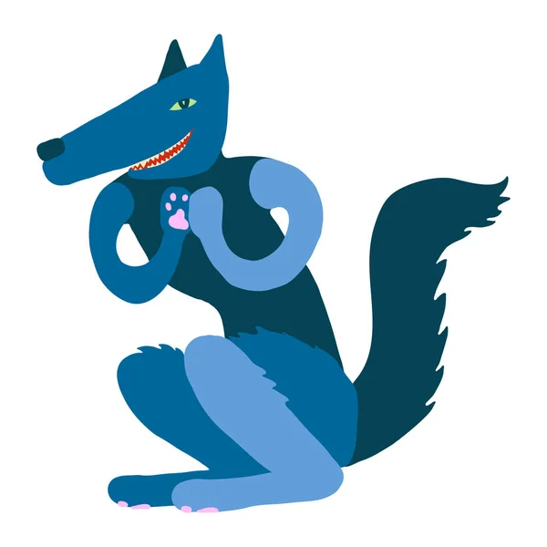 Kleurrijke Platte Vector Illustratie Van Schattige Speelse Ondeugende Donkerblauwe Wolf — Stockvector