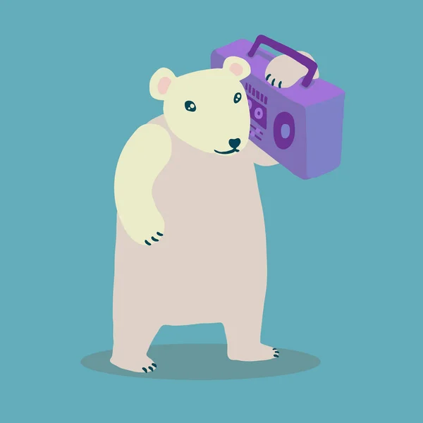 Bunte Vektorflache Illustration Eines Weißen Eisbären Der Eine Knallviolette Boombox — Stockvektor